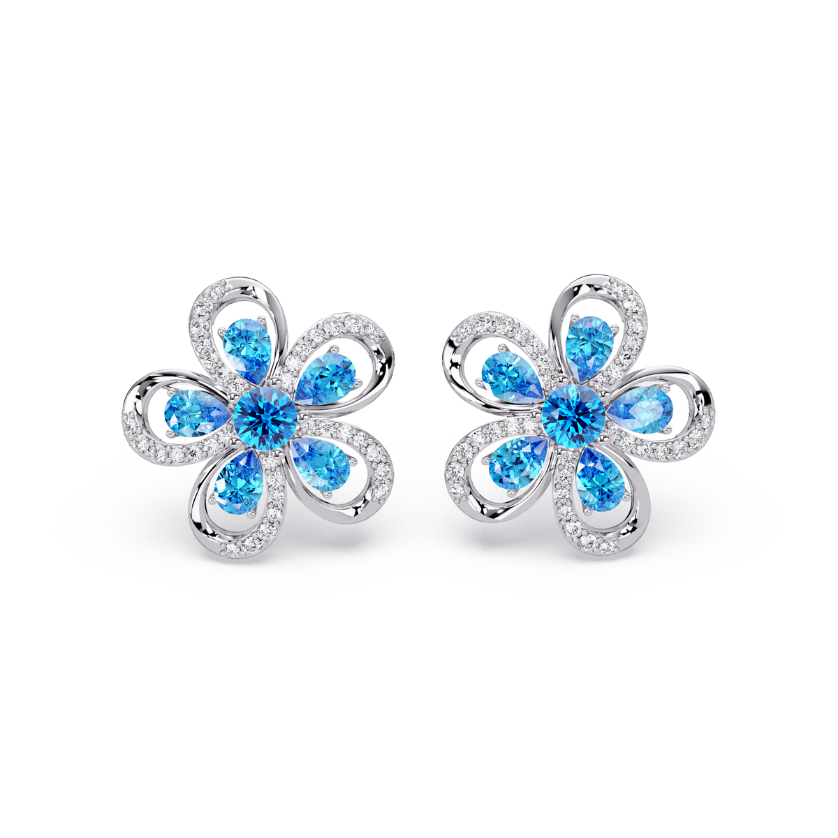 2.3 CTW Floral Pear Colorstone and White Diamond Stud Earrings, Aquamarine Blue, 14K White Gold