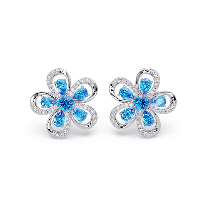 2.3 CTW Floral Pear Colorstone and White Diamond Stud Earrings, Aquamarine Blue, 14K White Gold