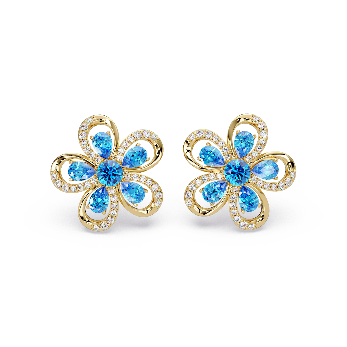 2.3 CTW Floral Pear Colorstone and White Diamond Stud Earrings, Aquamarine Blue, 14K Yellow Gold