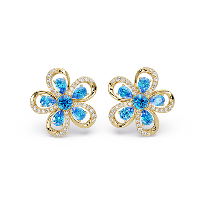 2.3 CTW Floral Pear Colorstone and White Diamond Stud Earrings, Aquamarine Blue, 14K Yellow Gold