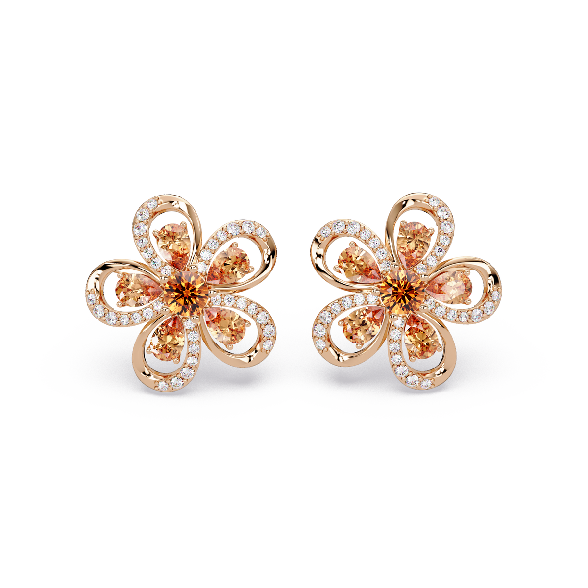 2.3 CTW Floral Pear Colorstone and White Diamond Stud Earrings, Champagne Topaz, 14K Rose Gold