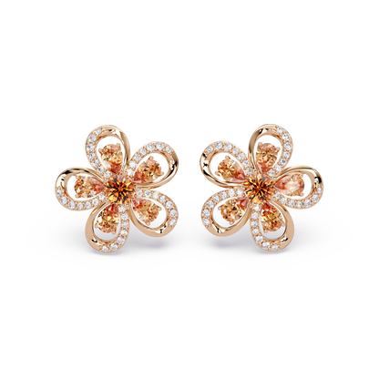 2.3 CTW Floral Pear Colorstone and White Diamond Stud Earrings, Champagne Topaz, 14K Rose Gold