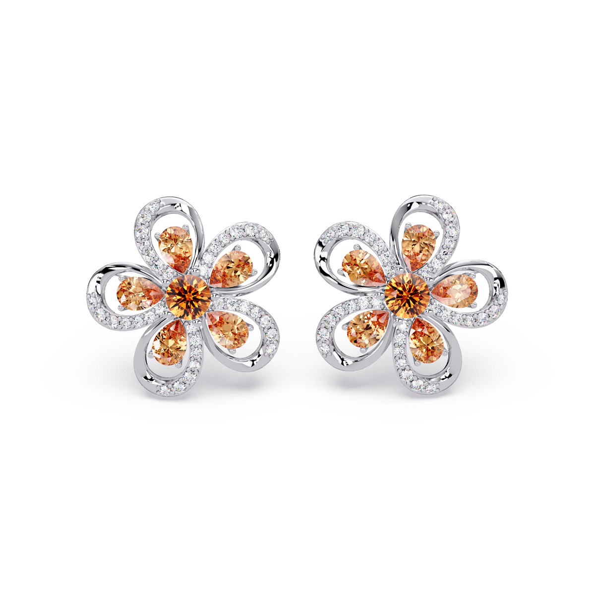2.3 CTW Floral Pear Colorstone and White Diamond Stud Earrings, Champagne Topaz, 14K White Gold