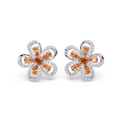2.3 CTW Floral Pear Colorstone and White Diamond Stud Earrings, Champagne Topaz, 14K White Gold