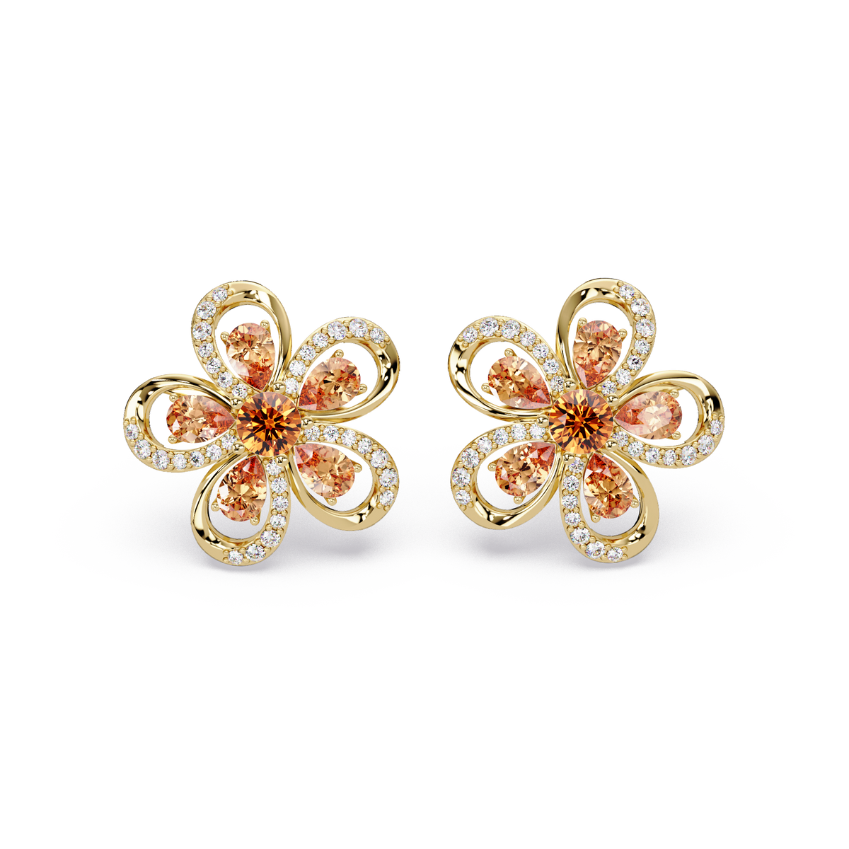 2.3 CTW Floral Pear Colorstone and White Diamond Stud Earrings, Champagne Topaz, 14K Yellow Gold