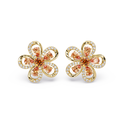 2.3 CTW Floral Pear Colorstone and White Diamond Stud Earrings, Champagne Topaz, 14K Yellow Gold