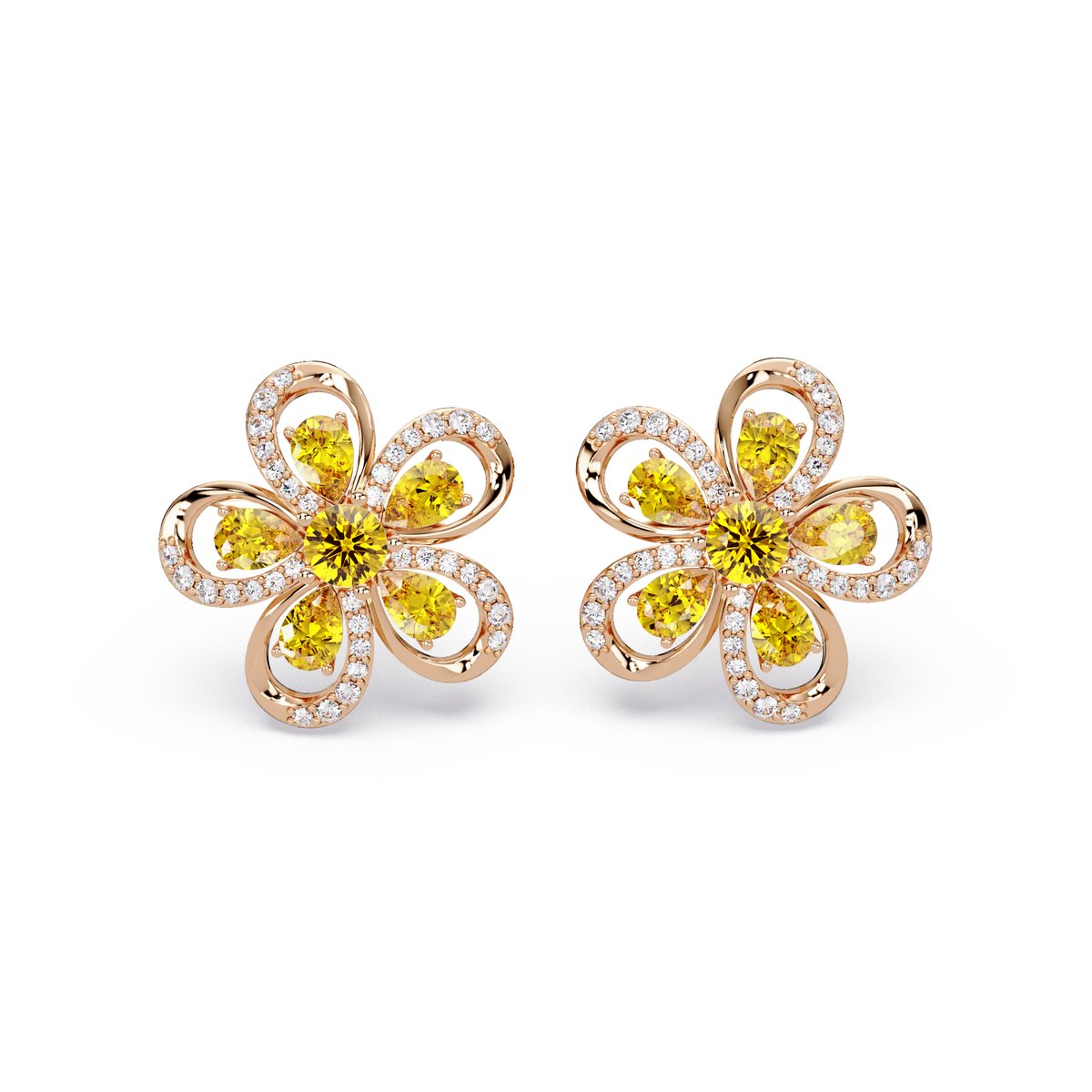 2.3 CTW Floral Pear Colorstone and White Diamond Stud Earrings, Citrine Yellow, 14K Rose Gold