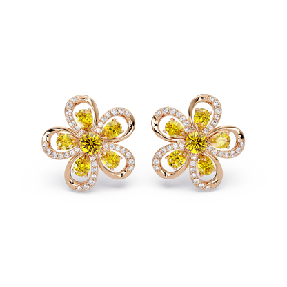 2.3 CTW Floral Pear Colorstone and White Diamond Stud Earrings, Citrine Yellow, 14K Rose Gold
