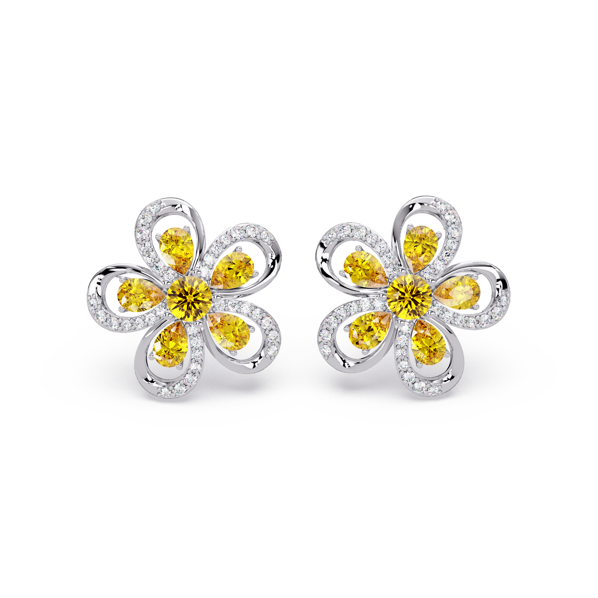 2.3 CTW Floral Pear Colorstone and White Diamond Stud Earrings, Citrine Yellow, 14K White Gold