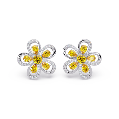 2.3 CTW Floral Pear Colorstone and White Diamond Stud Earrings, Citrine Yellow, 14K White Gold