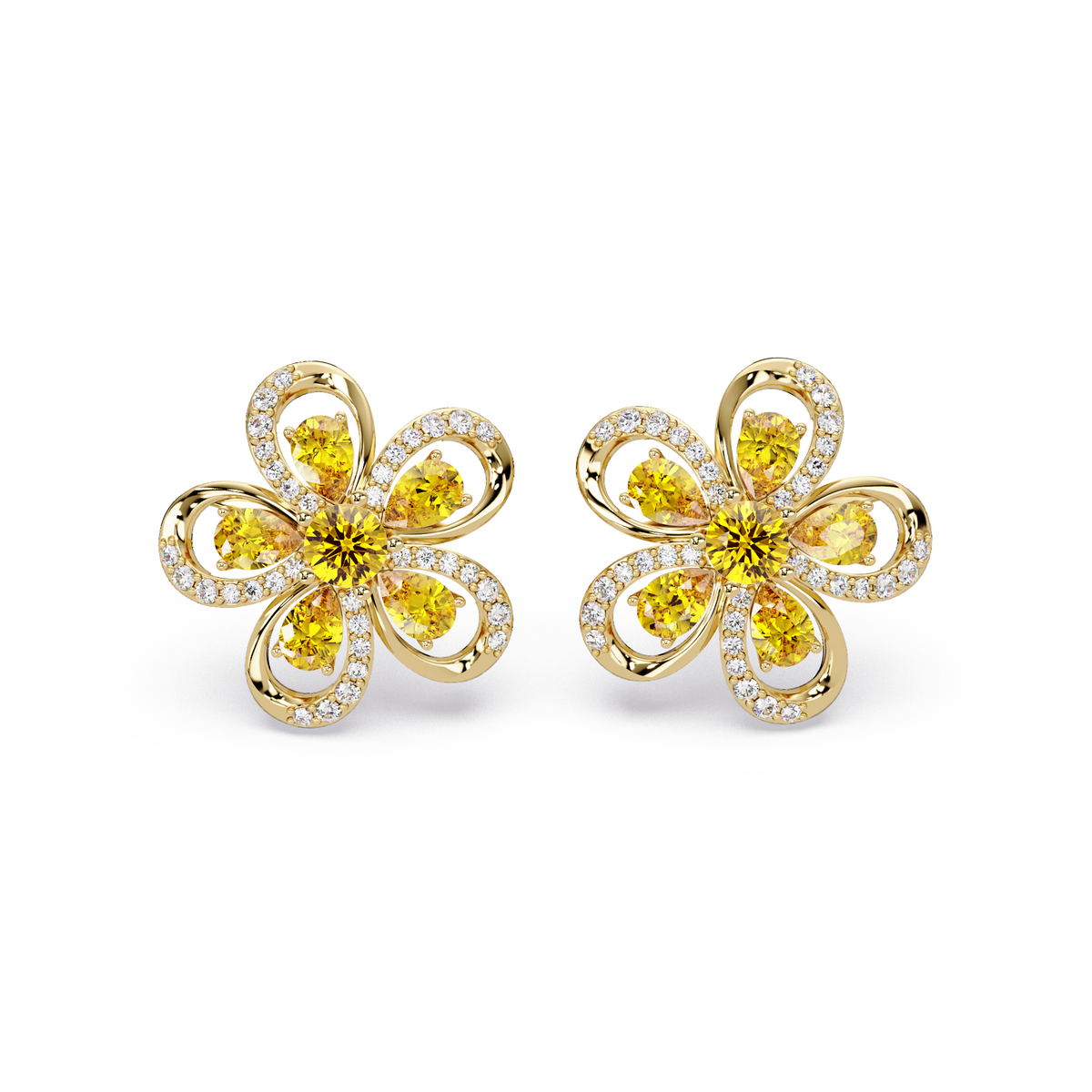 2.3 CTW Floral Pear Colorstone and White Diamond Stud Earrings, Citrine Yellow, 14K Yellow Gold