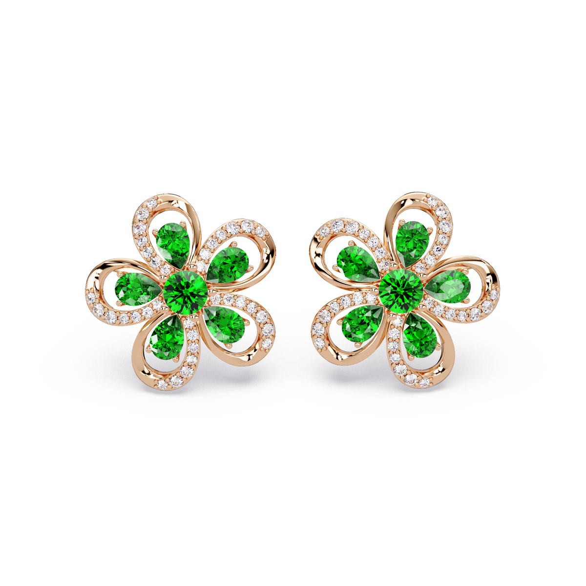 2.3 CTW Floral Pear Colorstone and White Diamond Stud Earrings, Emerald Green, 14K Rose Gold