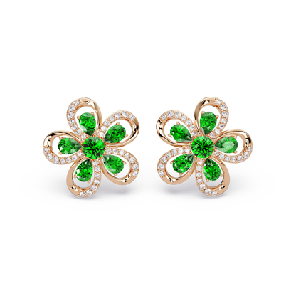 2.3 CTW Floral Pear Colorstone and White Diamond Stud Earrings, Emerald Green, 14K Rose Gold