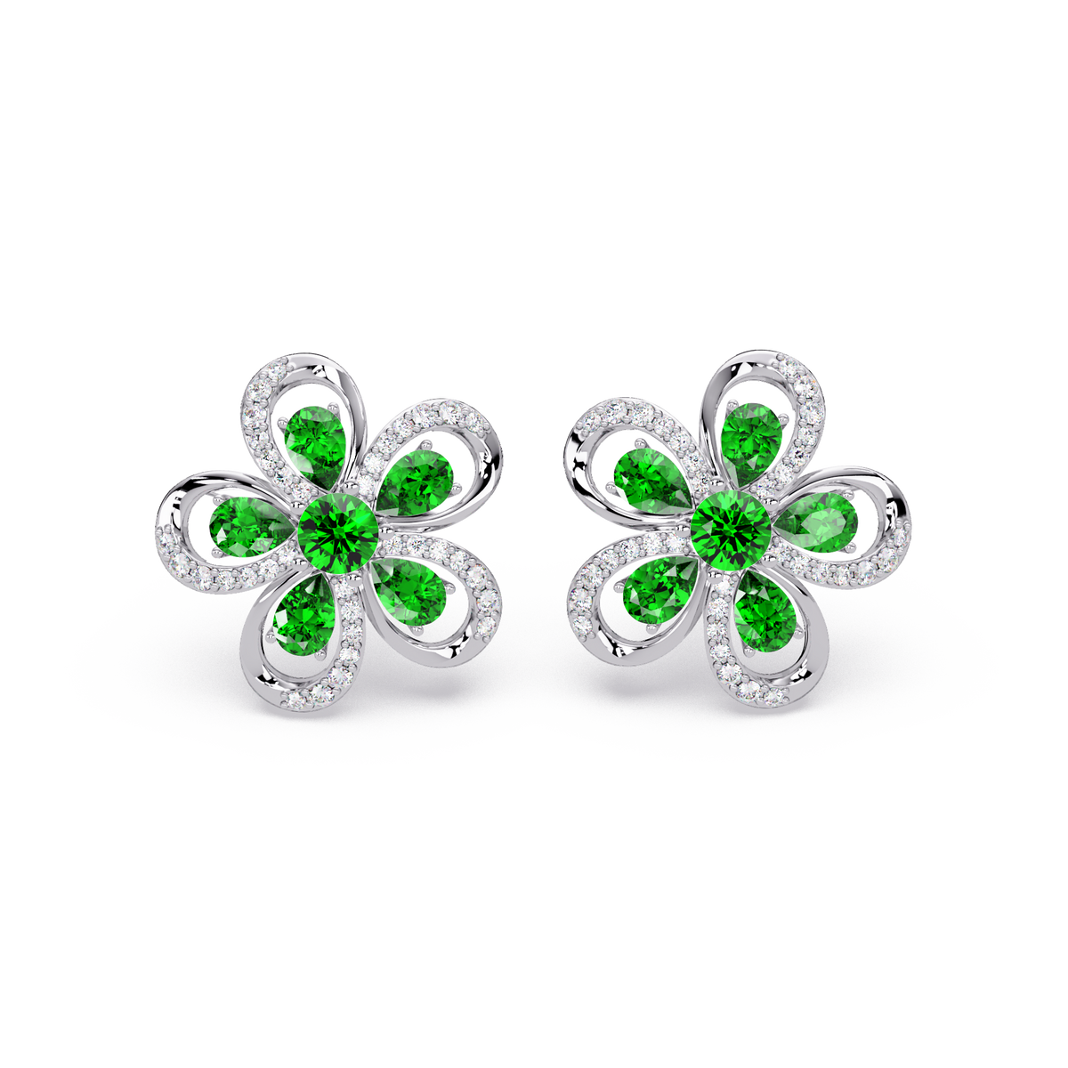 2.3 CTW Floral Pear Colorstone and White Diamond Stud Earrings, Emerald Green, 14K White Gold