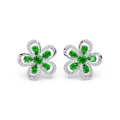 2.3 CTW Floral Pear Colorstone and White Diamond Stud Earrings, Emerald Green, 14K White Gold