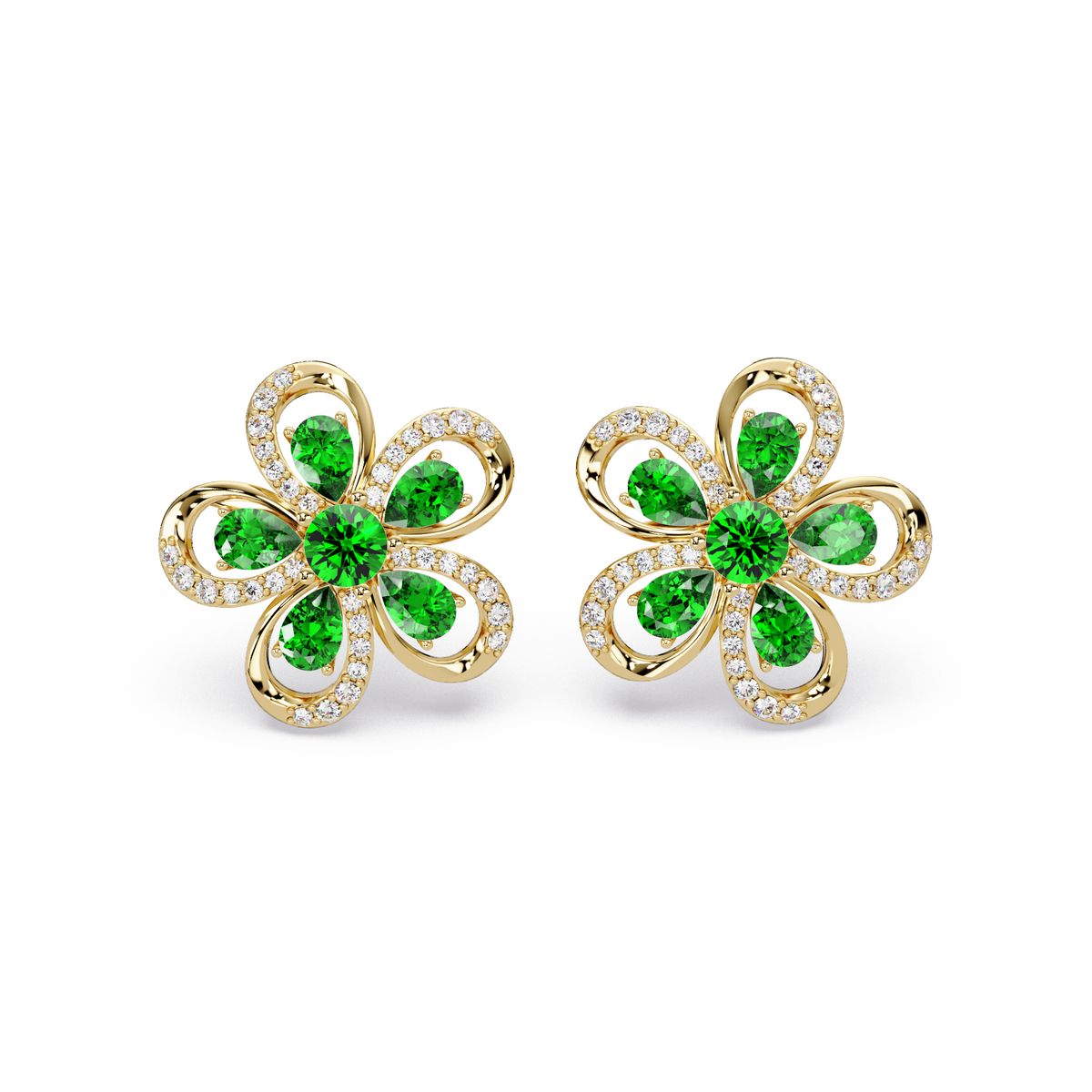 2.3 CTW Floral Pear Colorstone and White Diamond Stud Earrings, Emerald Green, 14K Yellow Gold