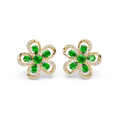 2.3 CTW Floral Pear Colorstone and White Diamond Stud Earrings, Emerald Green, 14K Yellow Gold