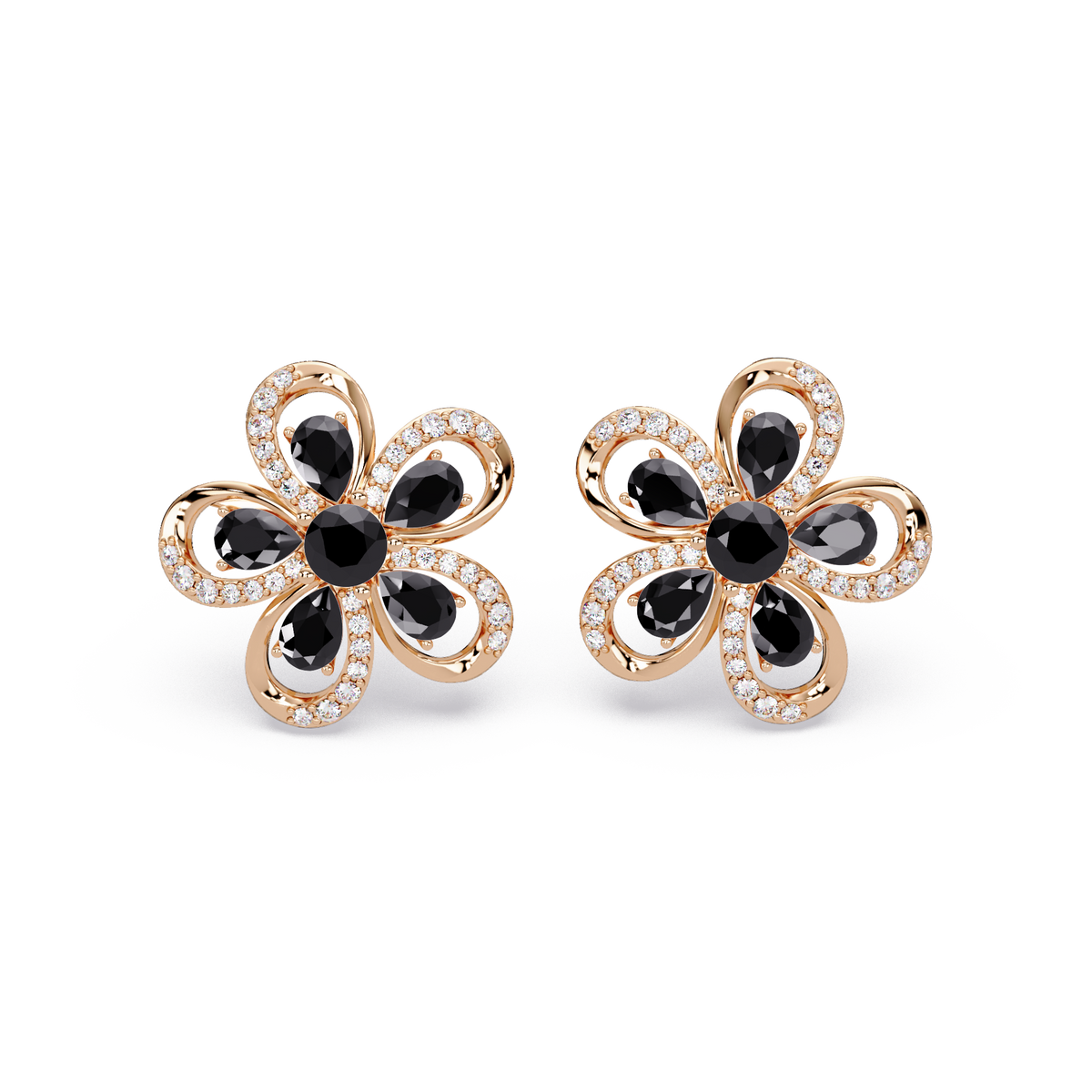 2.3 CTW Floral Pear Colorstone and White Diamond Stud Earrings, Onyx, 14K Rose Gold
