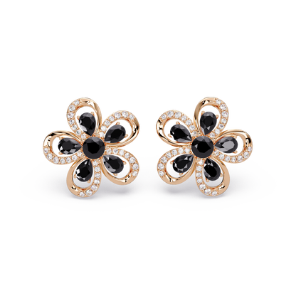 2.3 CTW Floral Pear Colorstone and White Diamond Stud Earrings, Onyx, 14K Rose Gold