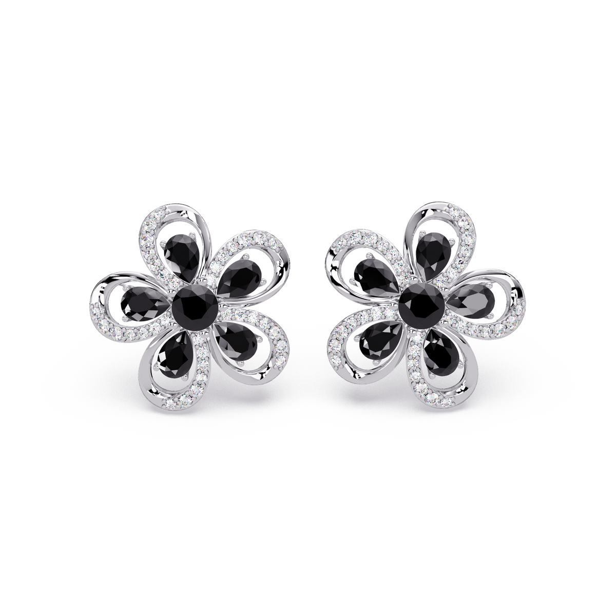 2.3 CTW Floral Pear Colorstone and White Diamond Stud Earrings, Onyx, 14K White Gold