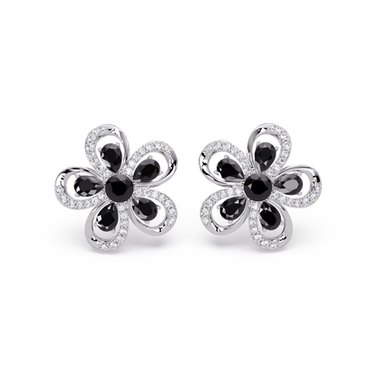 2.3 CTW Floral Pear Colorstone and White Diamond Stud Earrings, Onyx, 14K White Gold
