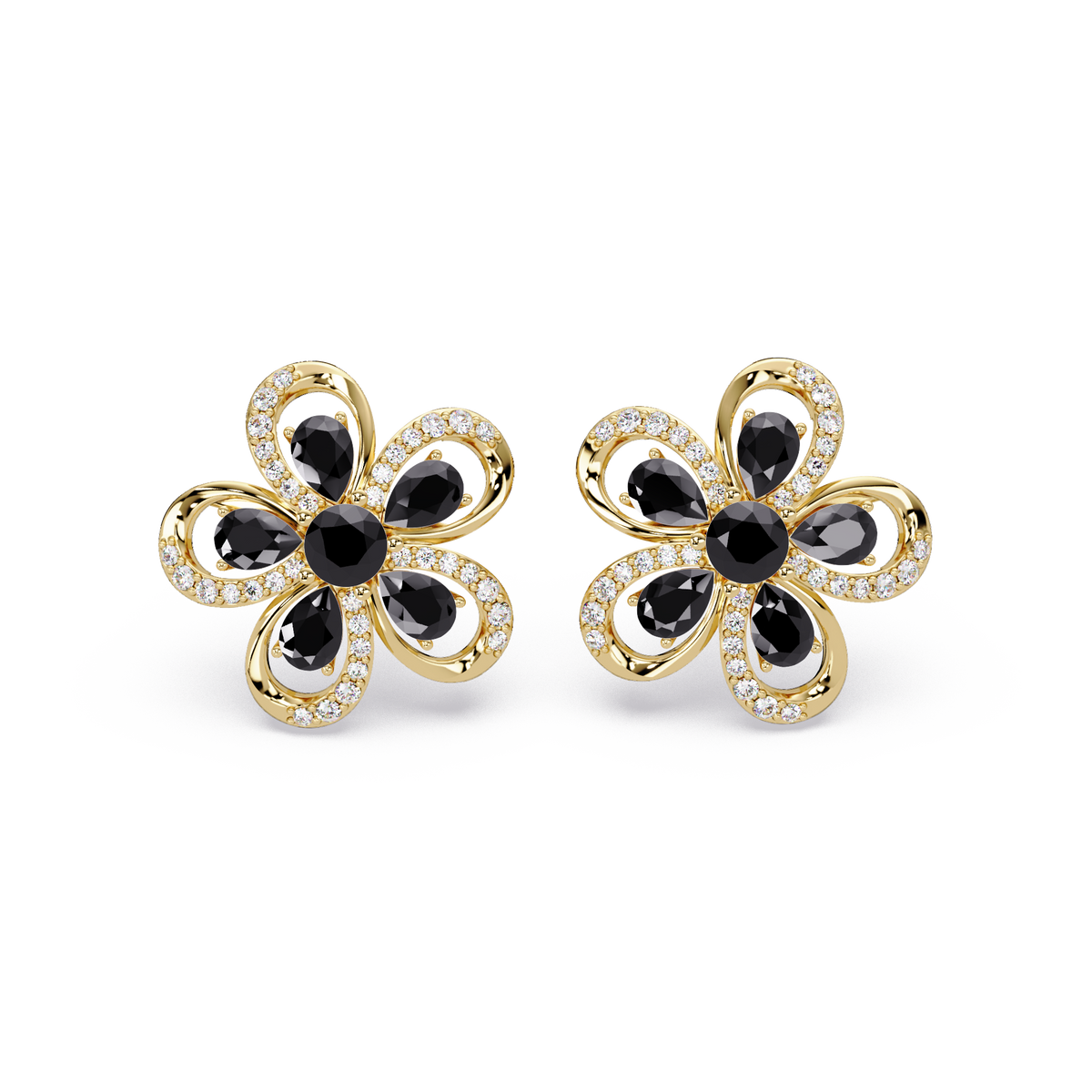 2.3 CTW Floral Pear Colorstone and White Diamond Stud Earrings, Onyx, 14K Yellow Gold
