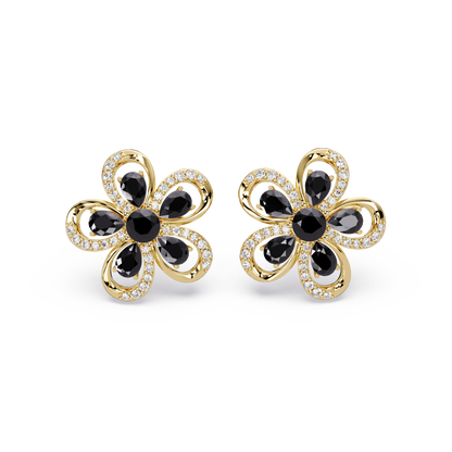 2.3 CTW Floral Pear Colorstone and White Diamond Stud Earrings, Onyx, 14K Yellow Gold