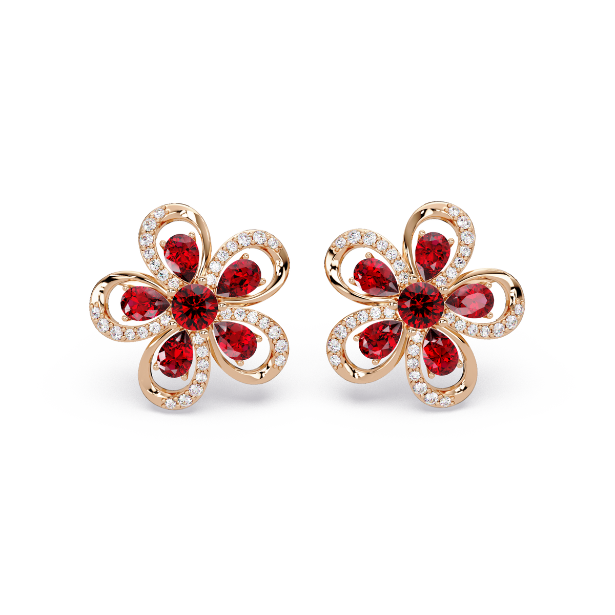 2.3 CTW Floral Pear Colorstone and White Diamond Stud Earrings, Ruby Red, 14K Rose Gold