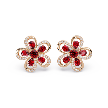 2.3 CTW Floral Pear Colorstone and White Diamond Stud Earrings, Ruby Red, 14K Rose Gold