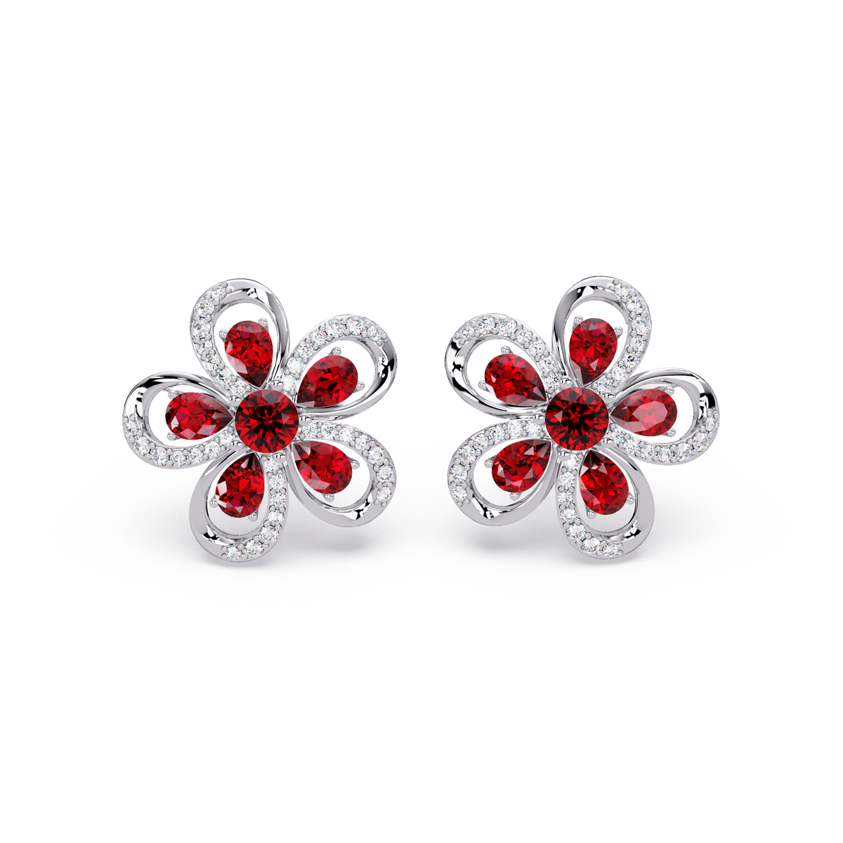 2.3 CTW Floral Pear Colorstone and White Diamond Stud Earrings, Ruby Red, 14K White Gold