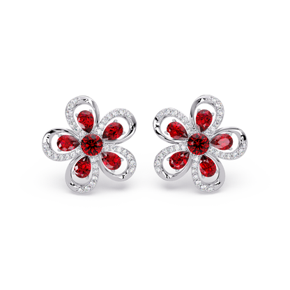 2.3 CTW Floral Pear Colorstone and White Diamond Stud Earrings, Ruby Red, 14K White Gold