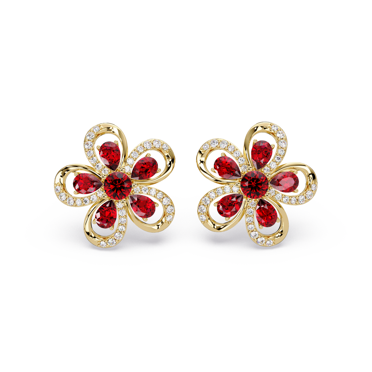 2.3 CTW Floral Pear Colorstone and White Diamond Stud Earrings, Ruby Red, 14K Yellow Gold