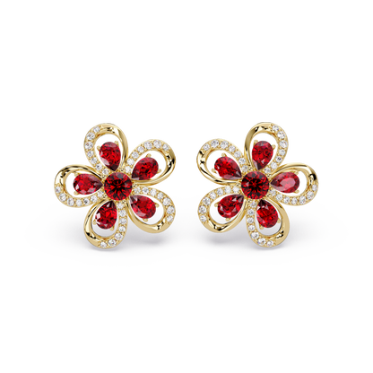 2.3 CTW Floral Pear Colorstone and White Diamond Stud Earrings, Ruby Red, 14K Yellow Gold