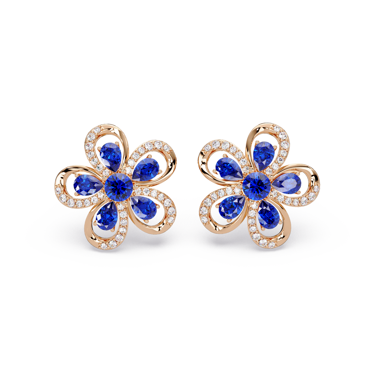 2.3 CTW Floral Pear Colorstone and White Diamond Stud Earrings, Sapphire Blue, 14K Rose Gold