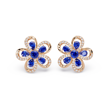 2.3 CTW Floral Pear Colorstone and White Diamond Stud Earrings, Sapphire Blue, 14K Rose Gold