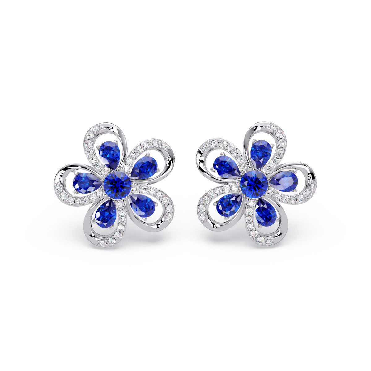2.3 CTW Floral Pear Colorstone and White Diamond Stud Earrings, Sapphire Blue, 14K White Gold