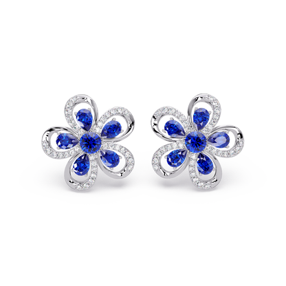 2.3 CTW Floral Pear Colorstone and White Diamond Stud Earrings, Sapphire Blue, 14K White Gold