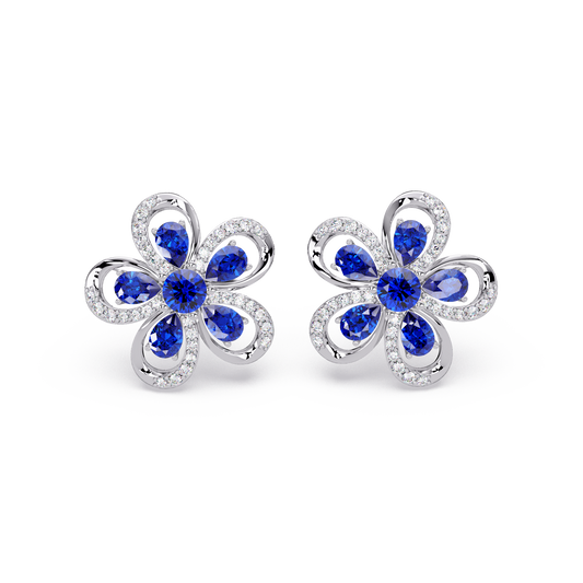 2.3 CTW Floral Pear Colorstone and White Diamond Stud Earrings, Sapphire Blue, 14K White Gold