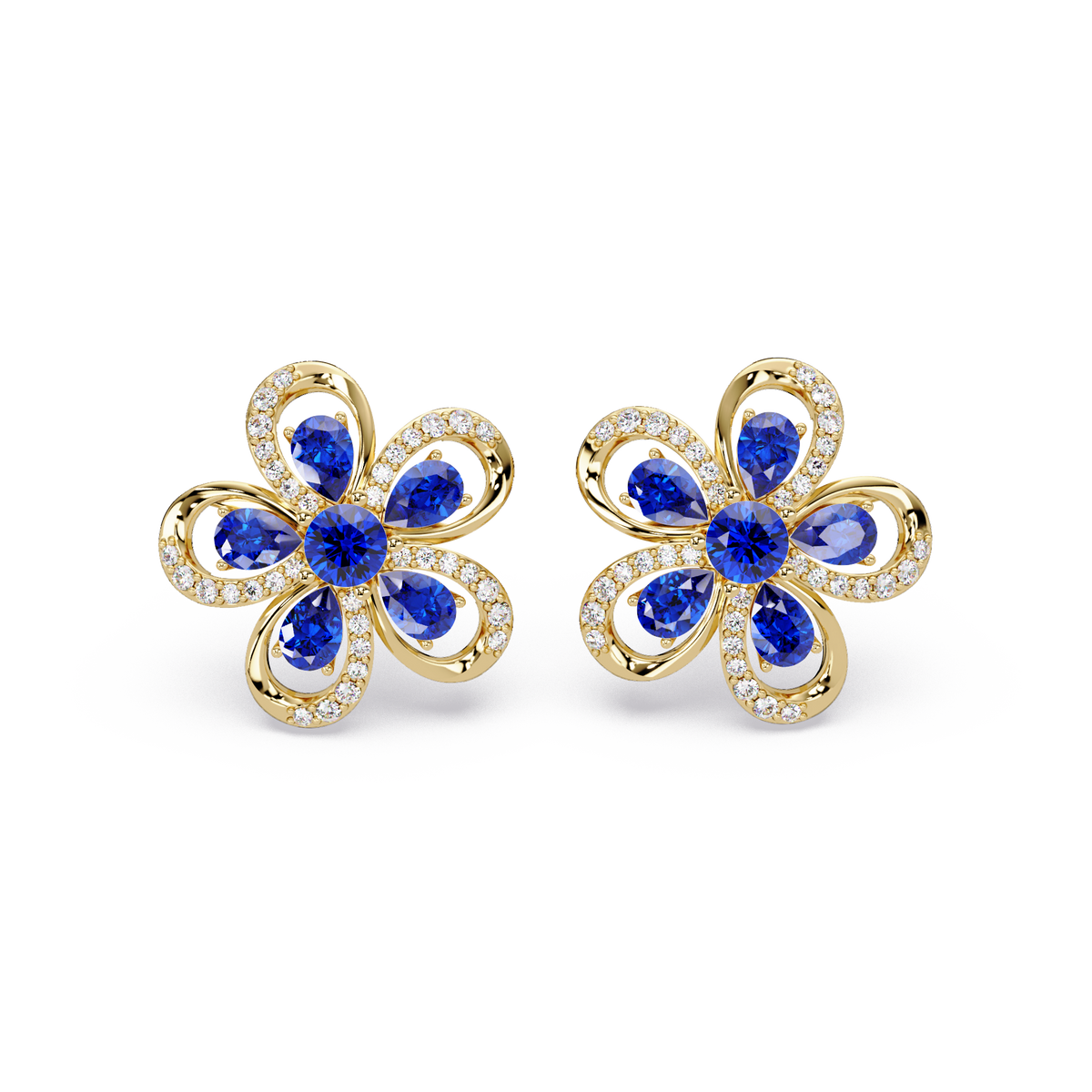 2.3 CTW Floral Pear Colorstone and White Diamond Stud Earrings, Sapphire Blue, 14K Yellow Gold