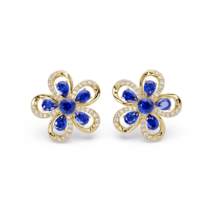 2.3 CTW Floral Pear Colorstone and White Diamond Stud Earrings, Sapphire Blue, 14K Yellow Gold