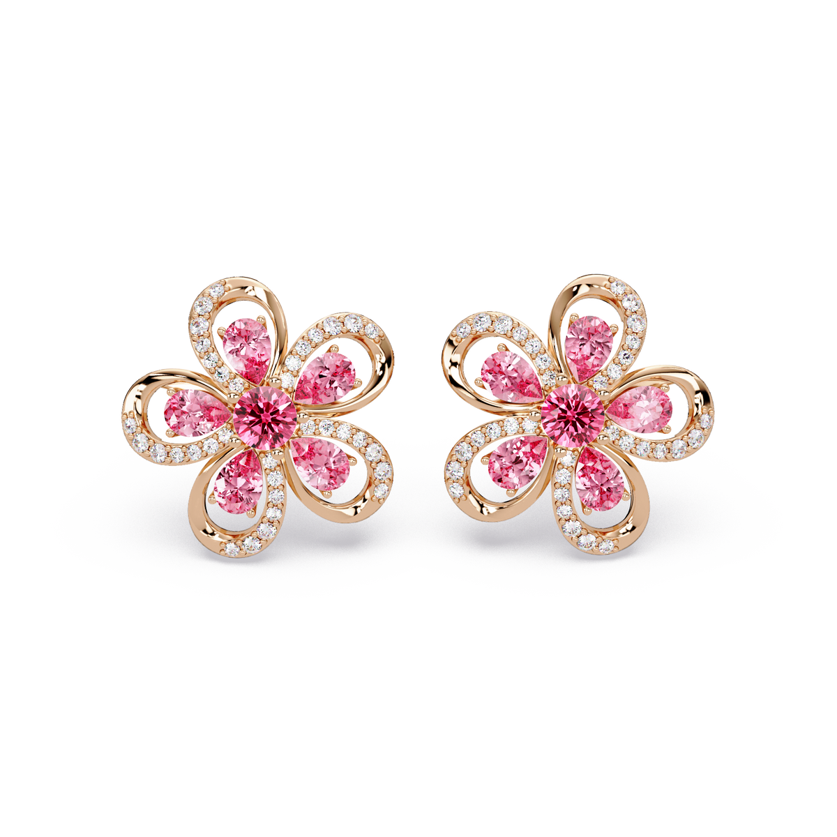 2.3 CTW Floral Pear Colorstone and White Diamond Stud Earrings, Tourmaline Pink, 14K Rose Gold