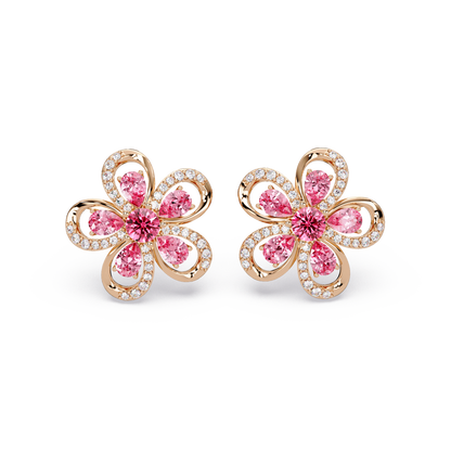 2.3 CTW Floral Pear Colorstone and White Diamond Stud Earrings, Tourmaline Pink, 14K Rose Gold