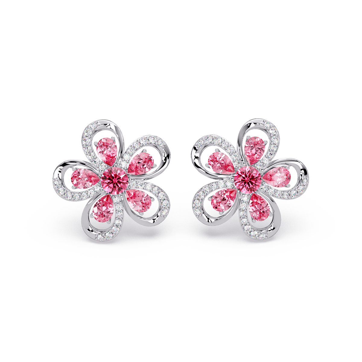 2.3 CTW Floral Pear Colorstone and White Diamond Stud Earrings, Tourmaline Pink, 14K White Gold