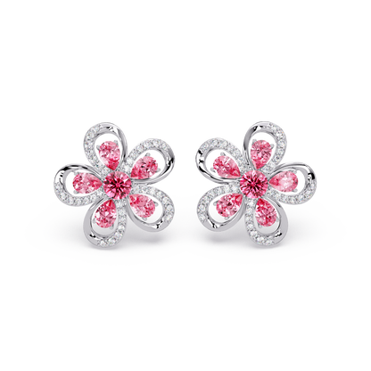 2.3 CTW Floral Pear Colorstone and White Diamond Stud Earrings, Tourmaline Pink, 14K White Gold