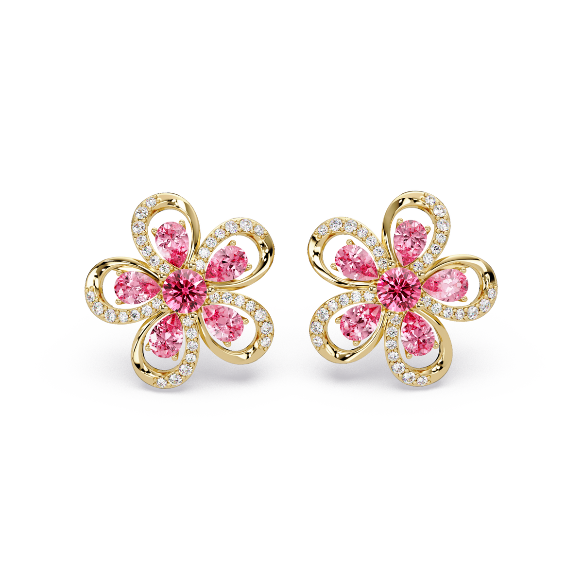 2.3 CTW Floral Pear Colorstone and White Diamond Stud Earrings, Tourmaline Pink, 14K Yellow Gold