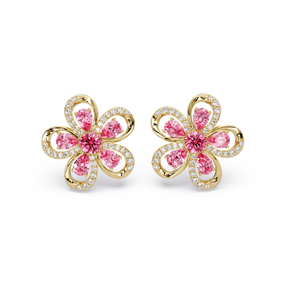 2.3 CTW Floral Pear Colorstone and White Diamond Stud Earrings, Tourmaline Pink, 14K Yellow Gold