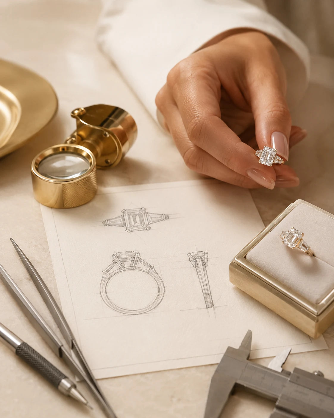 Custom jewelry sketch beside a finished diamond ring
