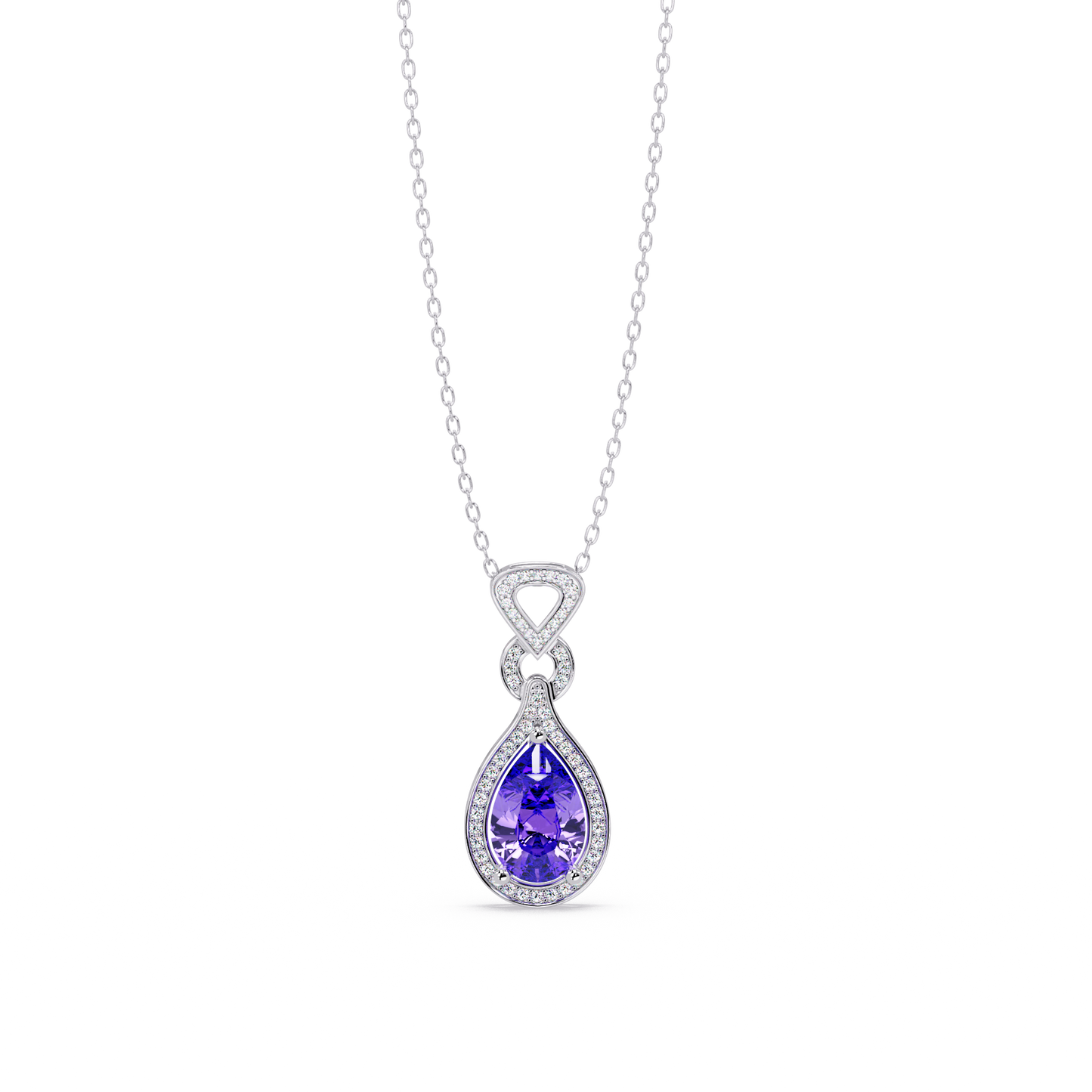 Amethyst Purple pear halo pendant in 14K White Gold