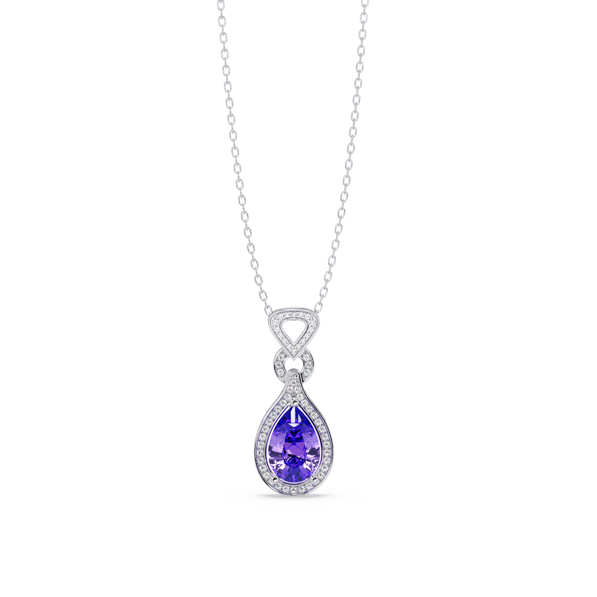 Amethyst Purple pear halo pendant in 14K White Gold