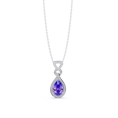 Amethyst Purple pear halo pendant in 14K White Gold
